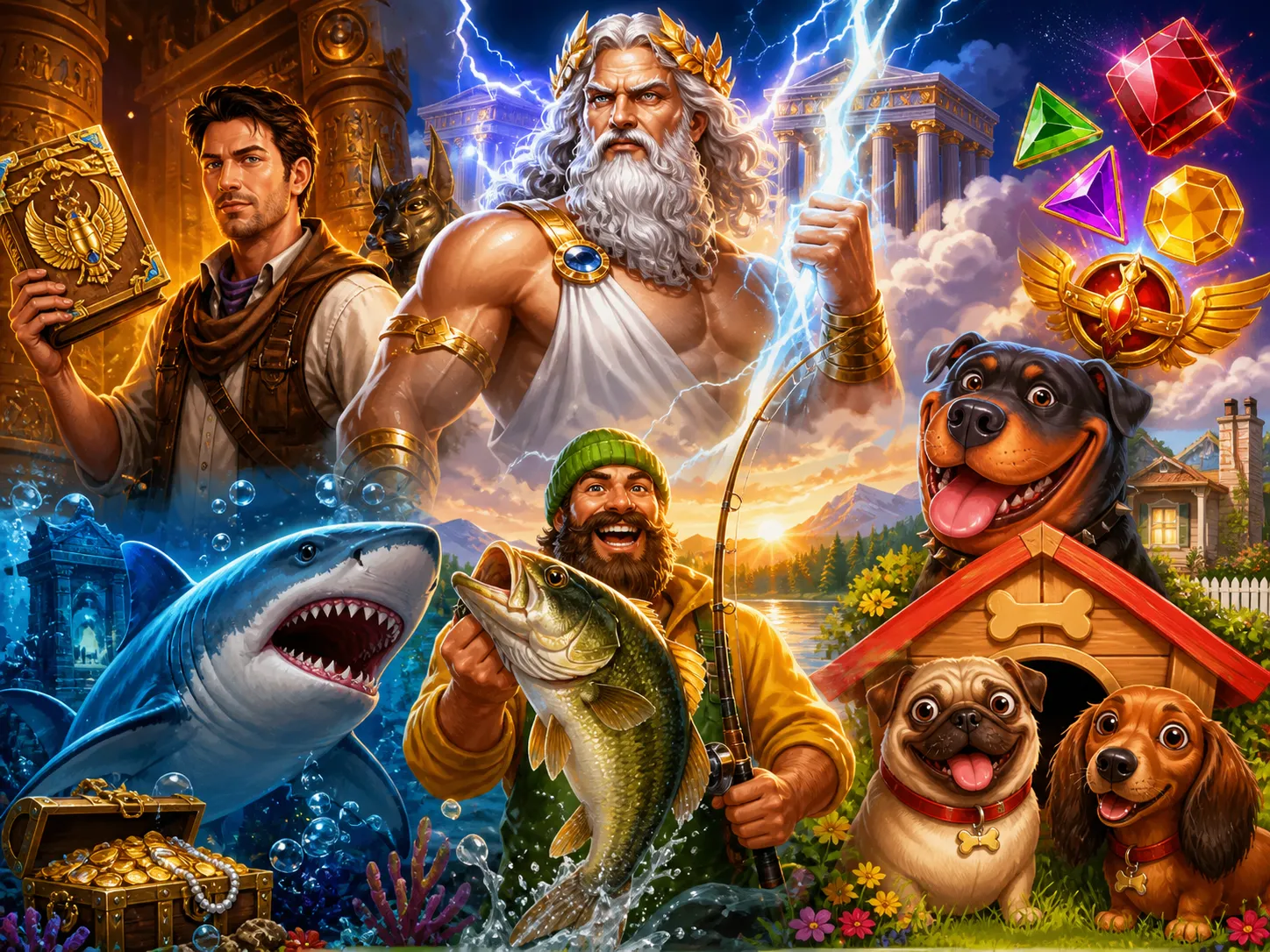 Vibrant slot game artwork featuring colorful fantasy characters and environments.