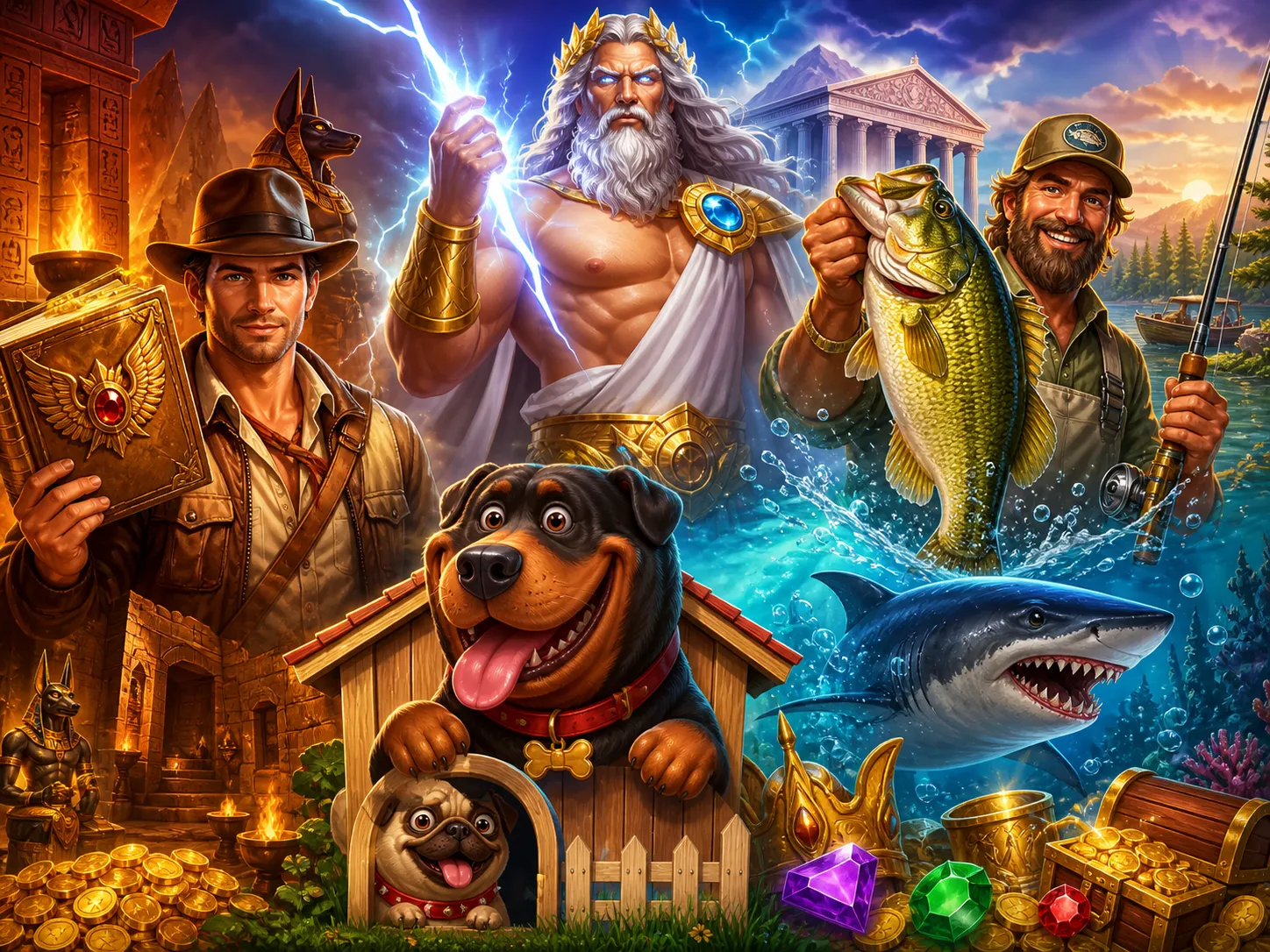 Illustration of a vibrant slot game world with dynamic characters and a fantasy landscape as the backdrop.